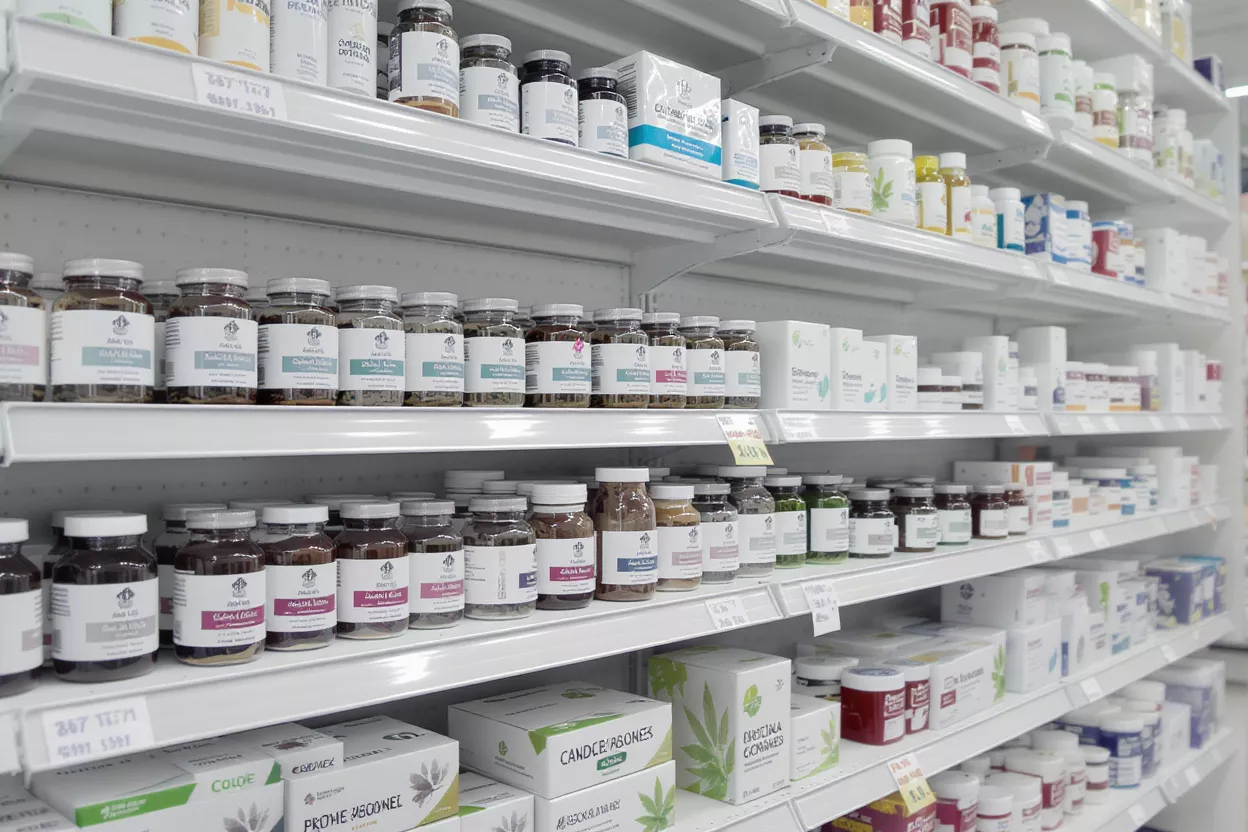 Rows of various supplements and medications on white shelves in a pharmacy.