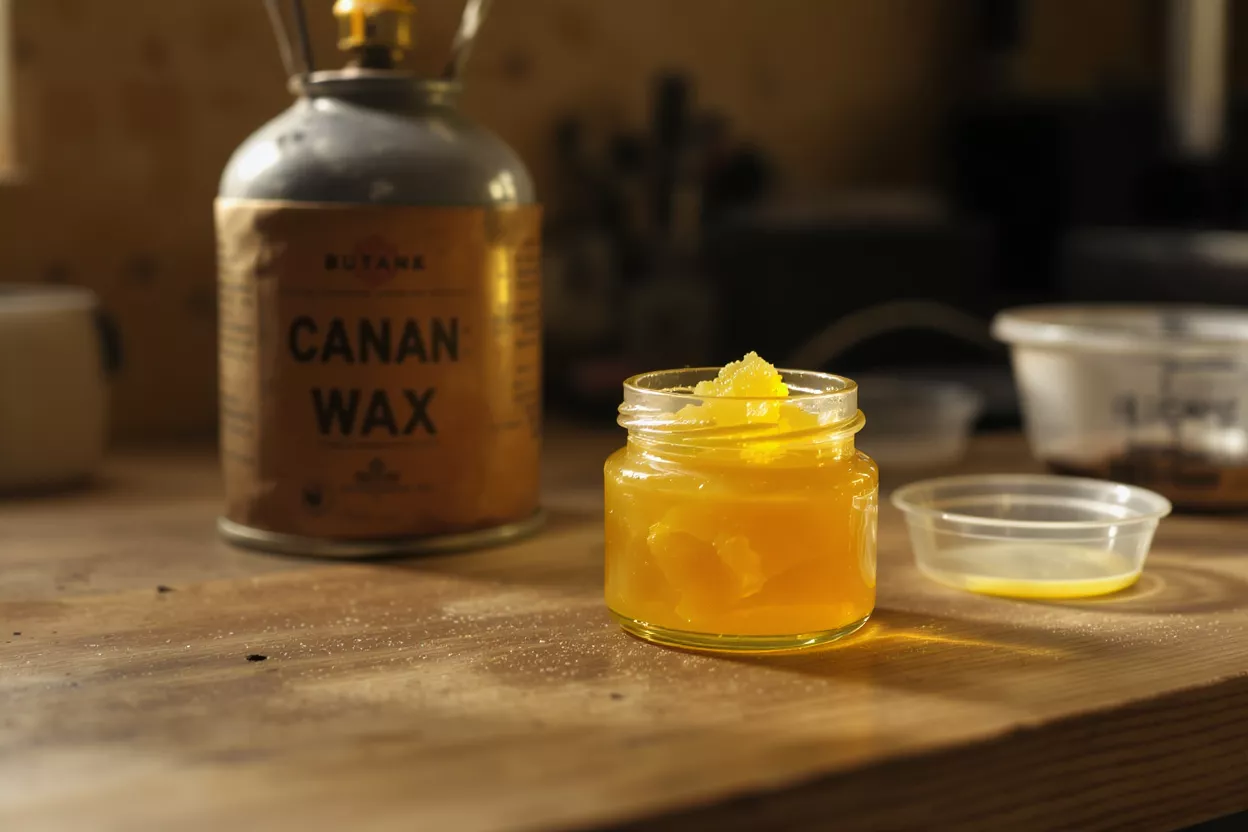 A small glass jar of yellow cannabis wax next to a butane can on a wooden surface.
