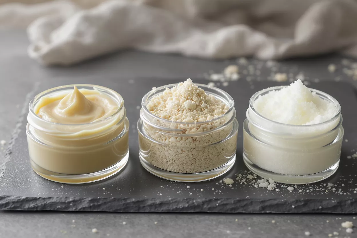 Three small jars of natural skincare products: cream, powder, and scrub.