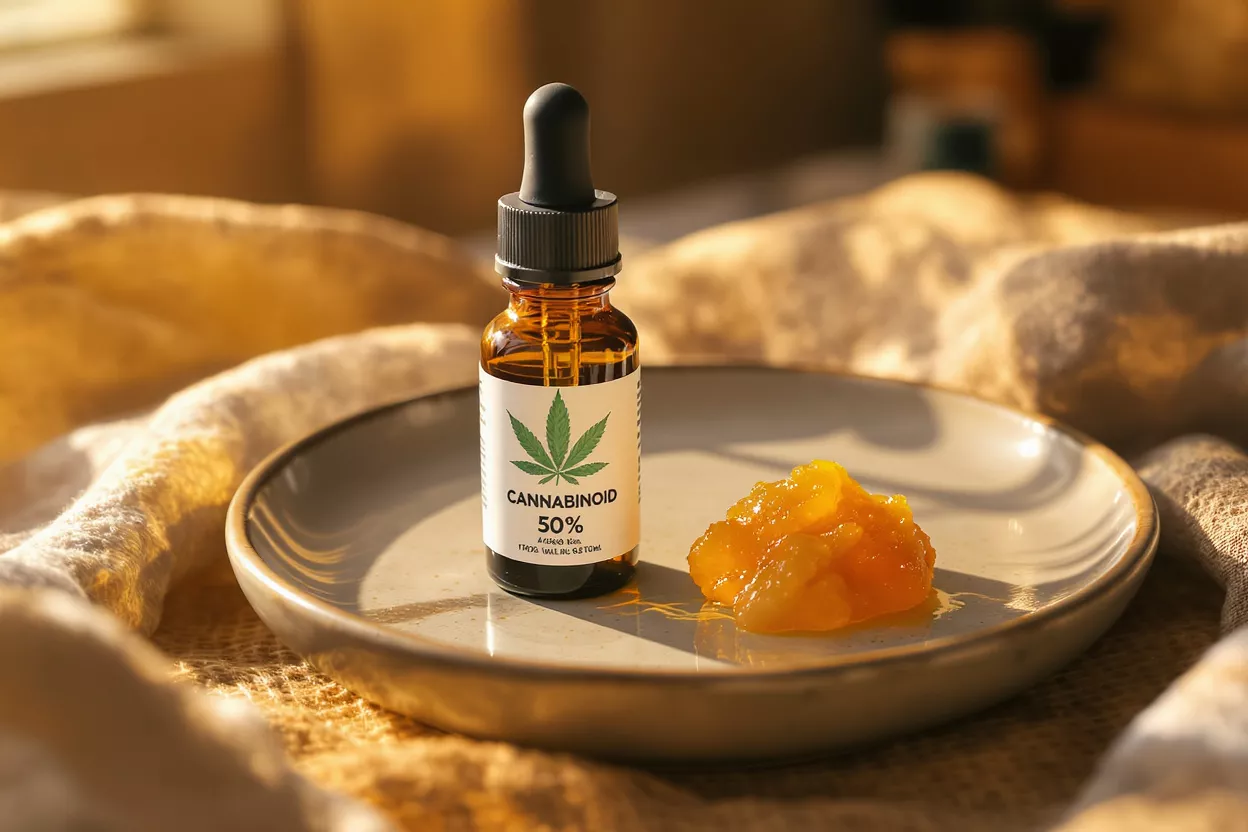 Cannabinoid oil dropper bottle and golden concentrate on a ceramic plate.