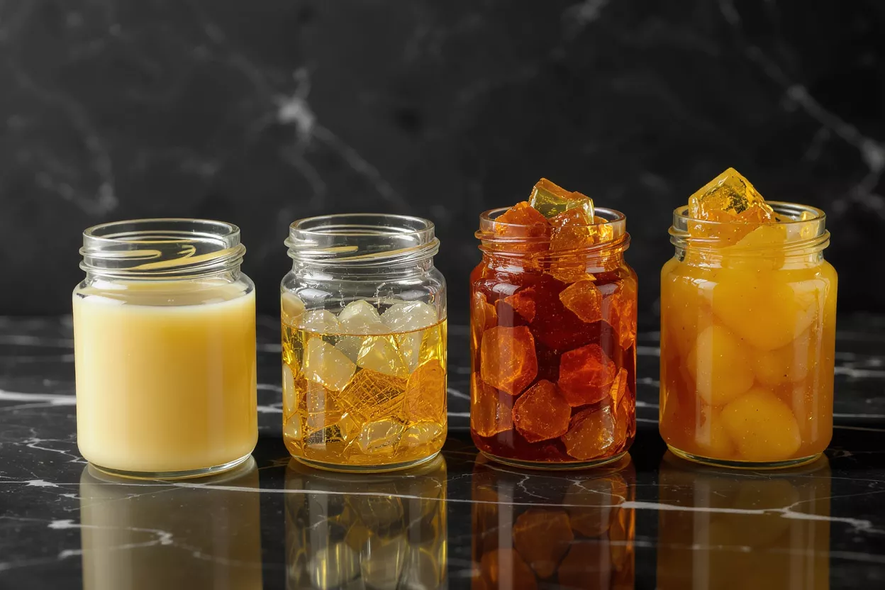 Four glass jars with various sweet ingredients on a dark marble surface.
