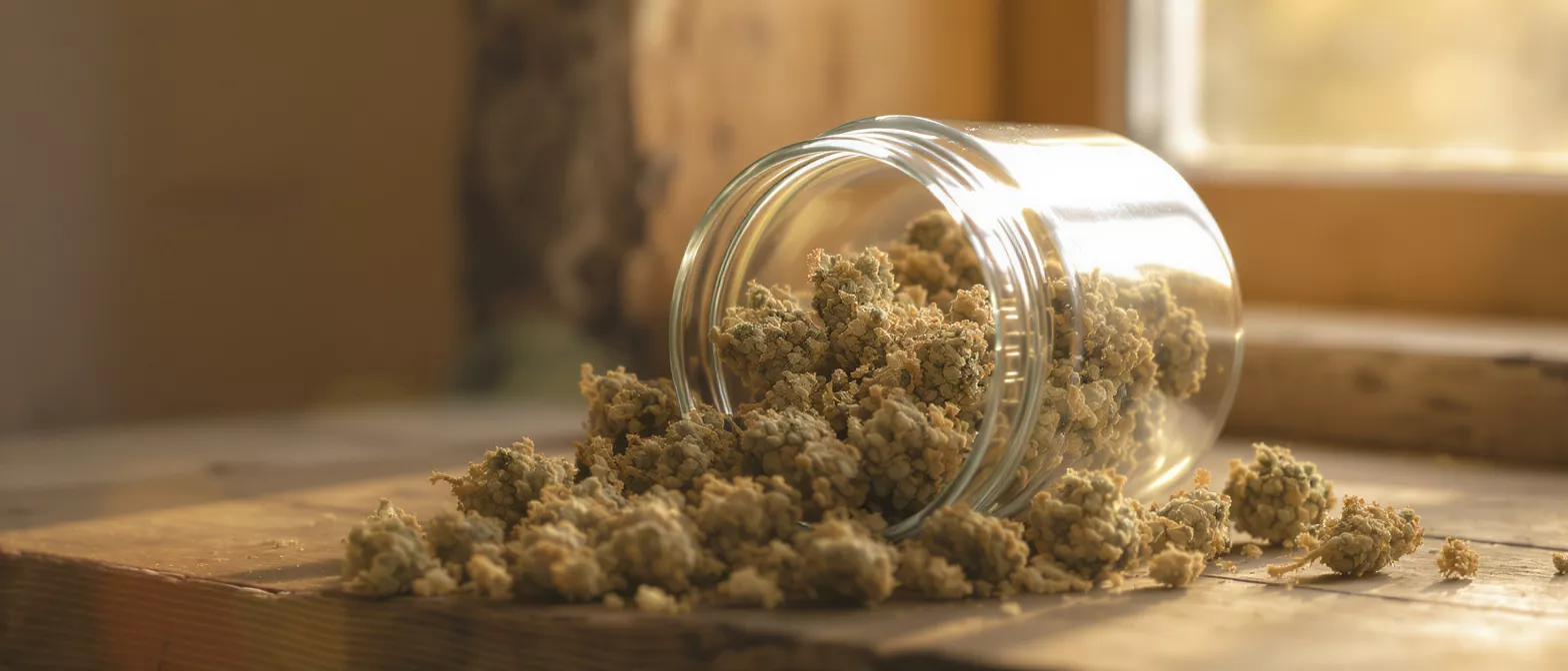 Dried cannabis buds spilling from an overturned glass jar onto a wooden surface.