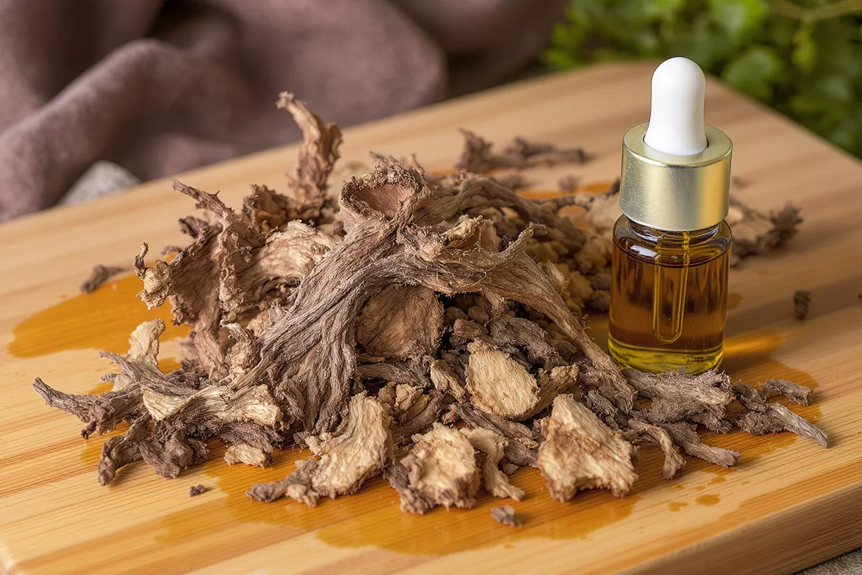 Dried ginger root pieces and a dropper bottle of essential oil on a wooden board.