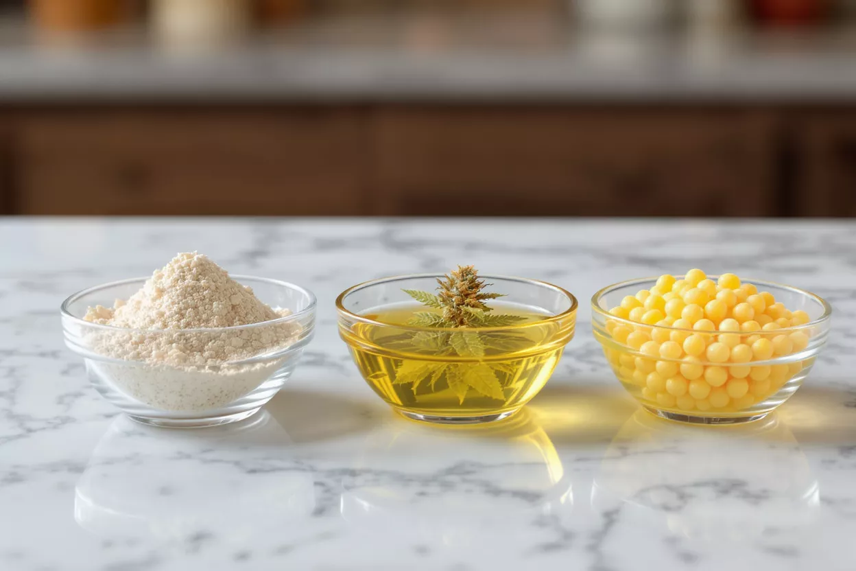 Three bowls of cannabis products: flour, oil with bud, and yellow pills.