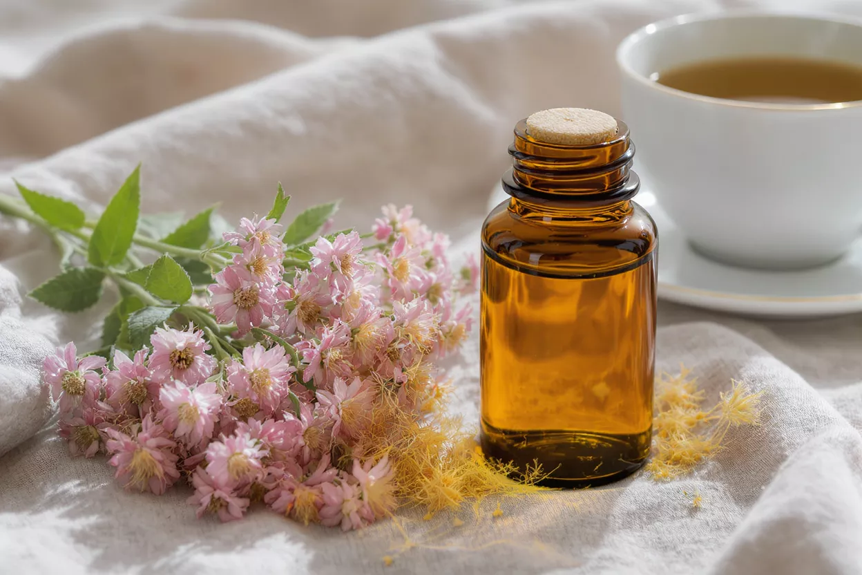Amber essential oil bottle, pink flowers, and a cup of tea on a linen cloth.