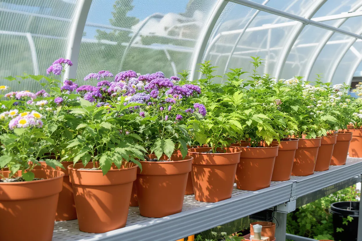 Row of potted green plants and purple flowers inside a bright greenhouse.