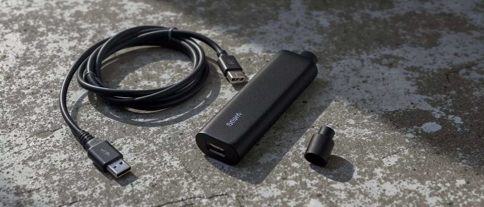 Black USB cable, power bank, and cap on a textured gray surface.
