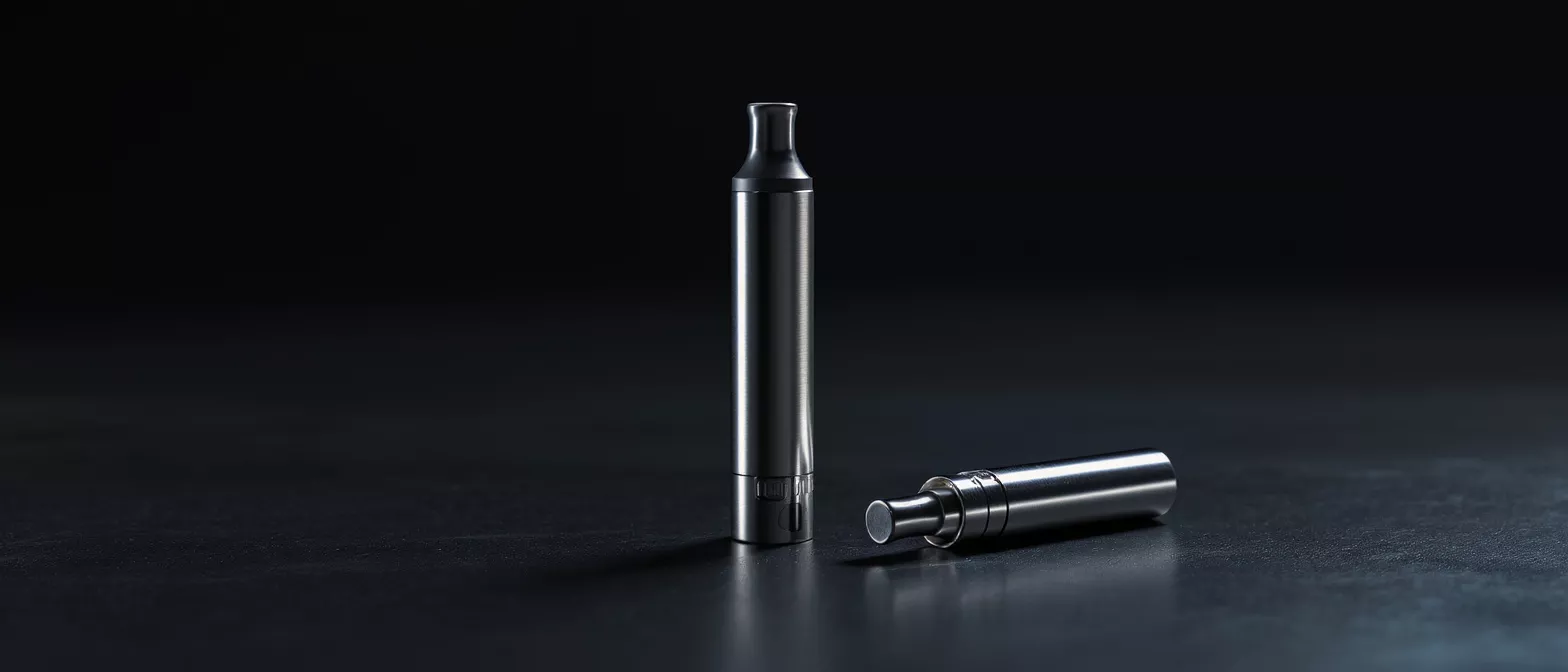 Two metallic vape pens on a dark background, one upright, one lying down.