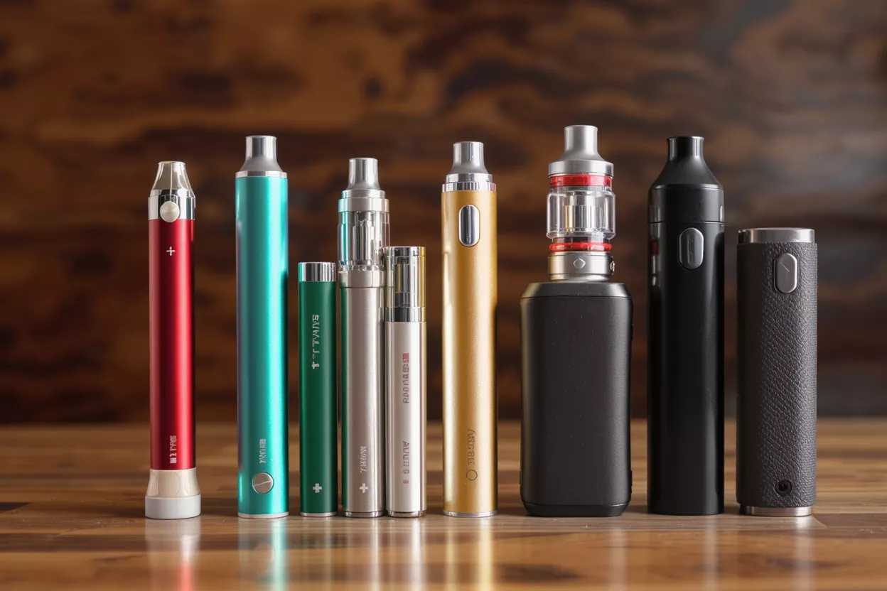 Variedad de Dispositivos Vapeadores Una colección diversa de dispositivos vapeadores coloridos y cigarrillos electrónicos sobre una superficie de madera.