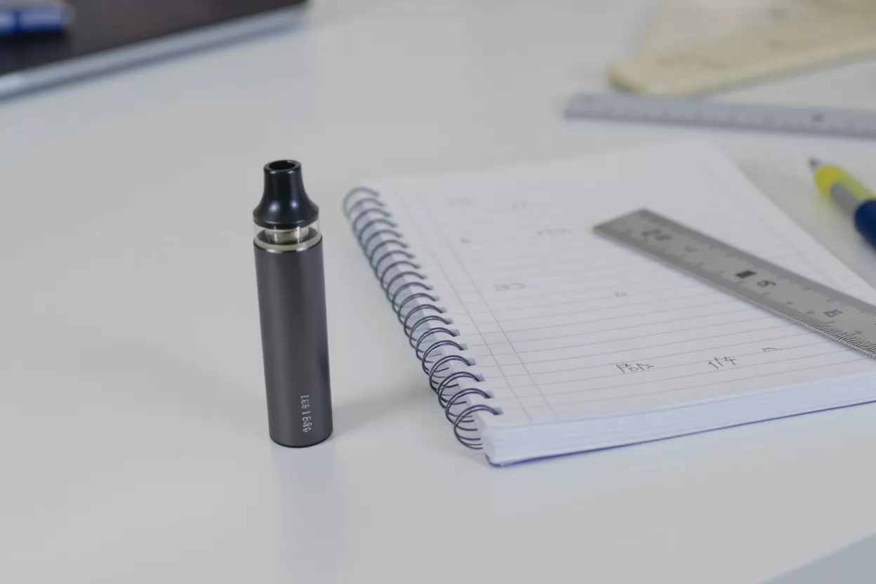 Vaporizador y cuaderno Un vaporizador gris oscuro junto a un cuaderno de espiral y una regla.