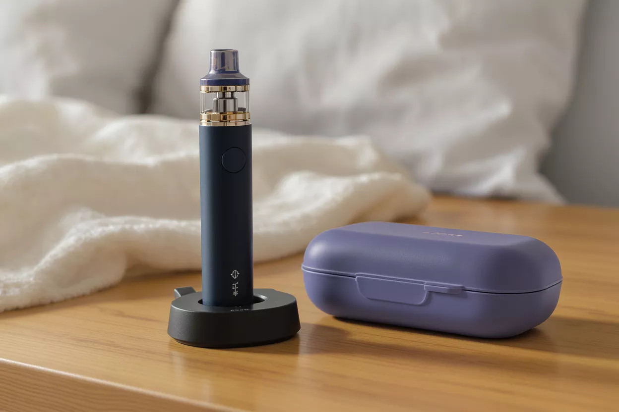 Bolígrafo Vape y Estuche de Carga Bolígrafo vape azul oscuro en base de carga junto a un estuche de transporte morado.