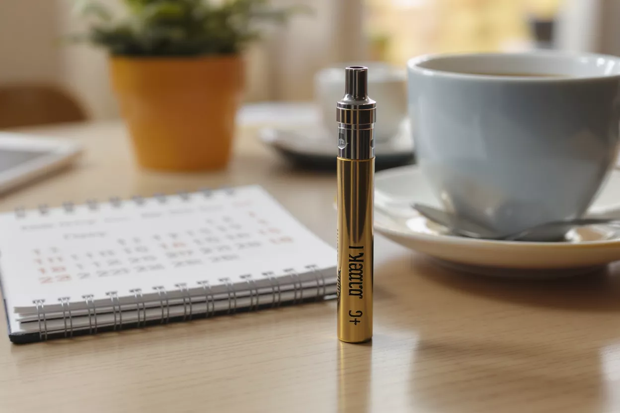 Pluma Vape Dorada en Escritorio Pluma vape dorada de pie sobre un escritorio de madera clara con café y calendario.