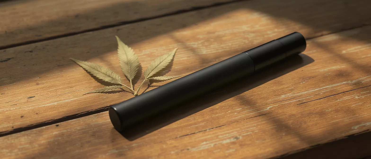 A black vape pen next to a cannabis leaf