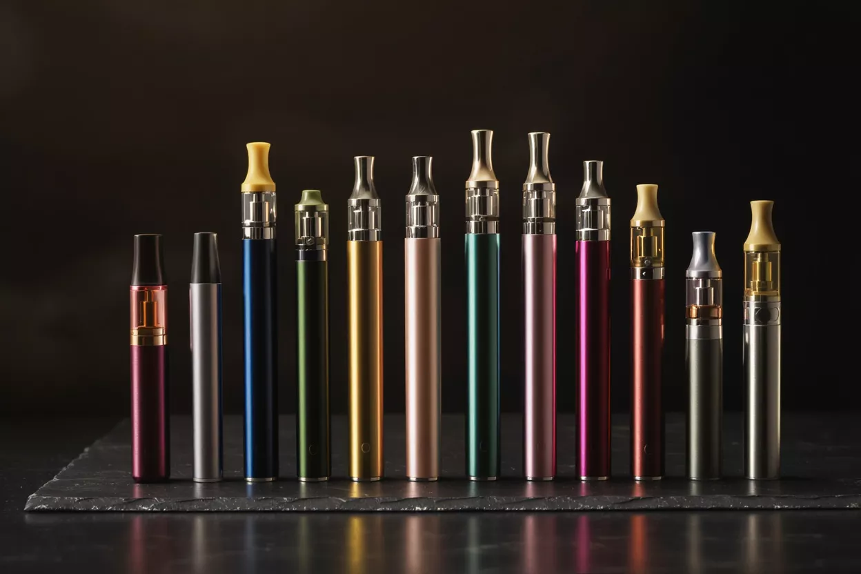 Various colorful vape pens arranged in a row