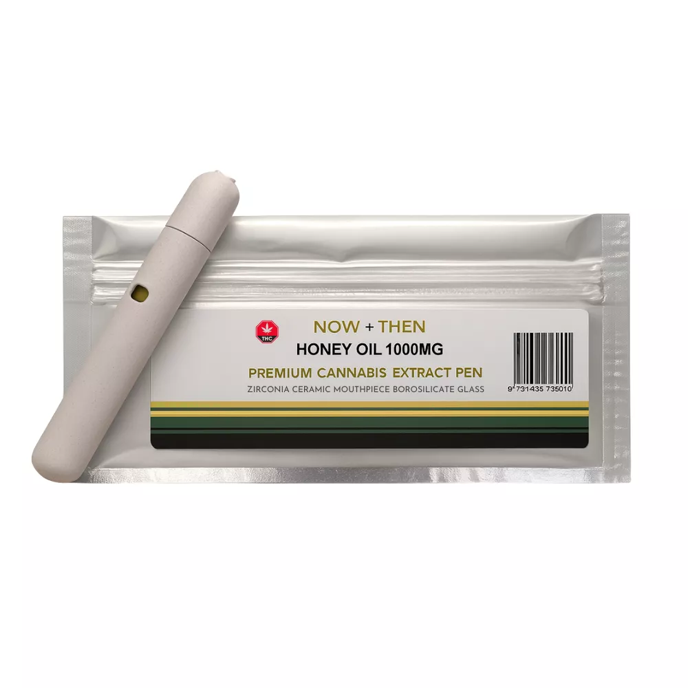 Now + Then Honey Oil 1000mg Premium Cannabis Extract Pen with packaging.