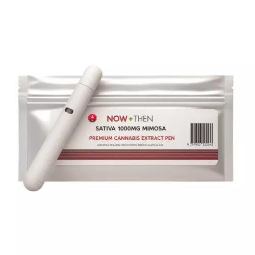 White cannabis extract pen beside a sealed package labeled now + then.