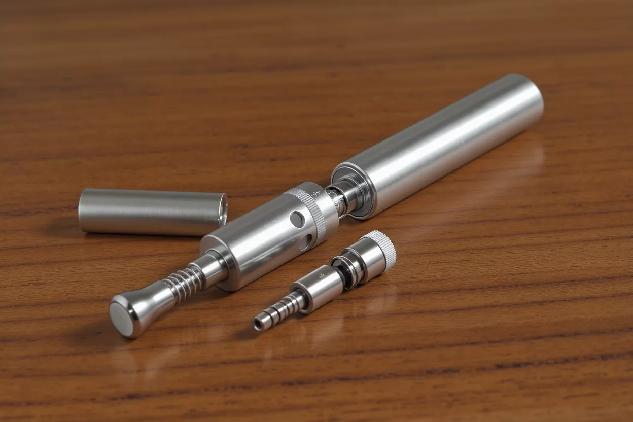 Disassembled silver vaporizer on wooden surface