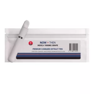 Cannabis extract pen beside a sealed pouch labeled indica 1000mg grape.