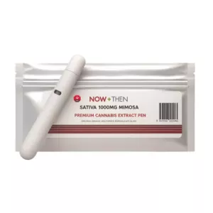 White cannabis extract pen beside a sealed package labeled now + then.