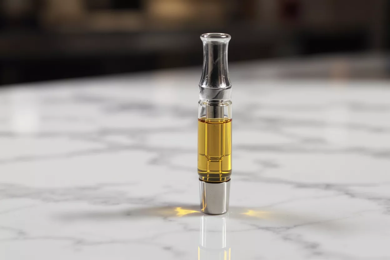 Close-up of a vape cartridge filled with golden oil