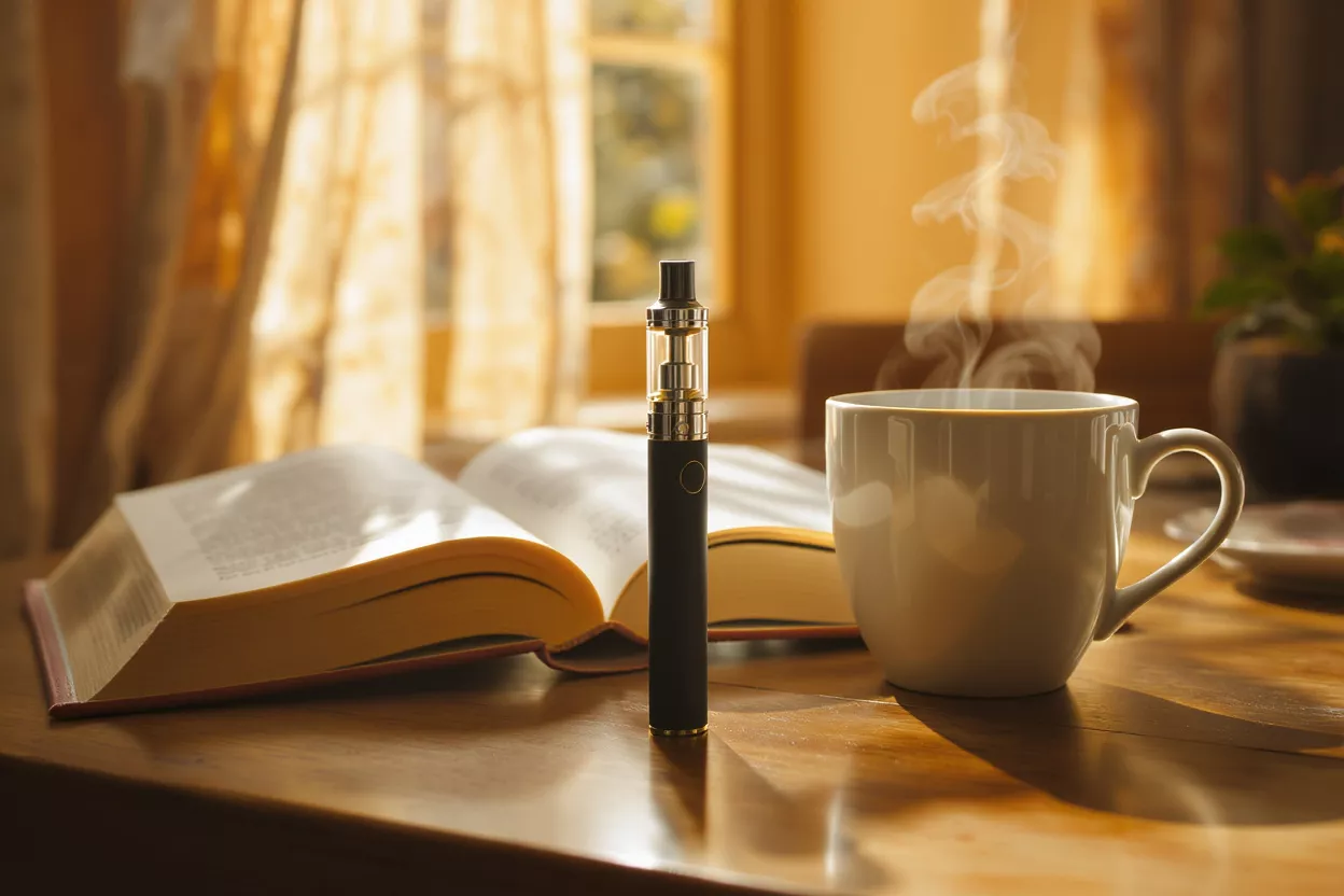 A vape device next to a steaming cup and an open book