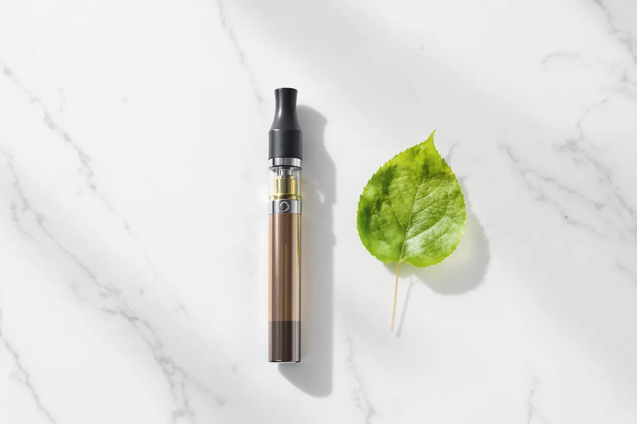 A golden cannabis vape cartridge filled with oil on a white marble surface.