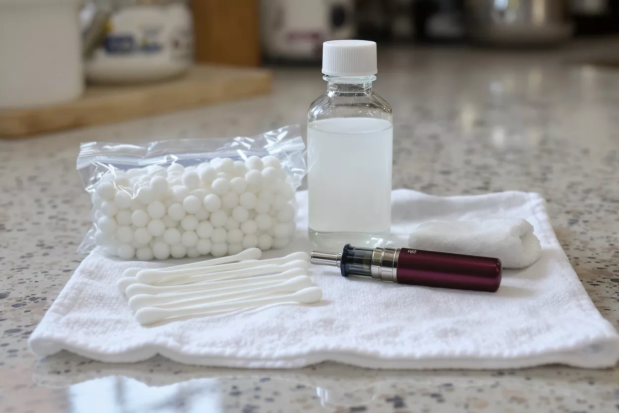A black vape pen with a blue indicator light rests on a dark marble surface.