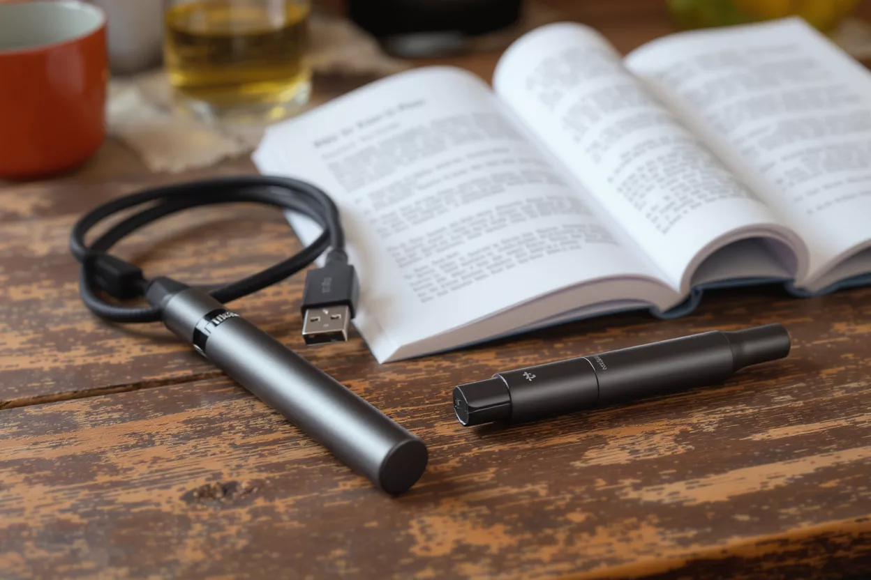 Two dark gray vape pens, one connected to a USB charger, on a wooden table.