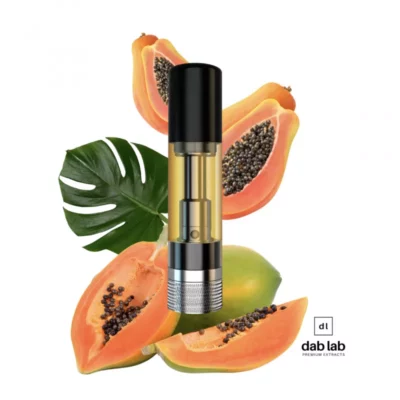 Dab Lab premium papaya-flavored vape cartridge with fresh fruit and monstera leaf.