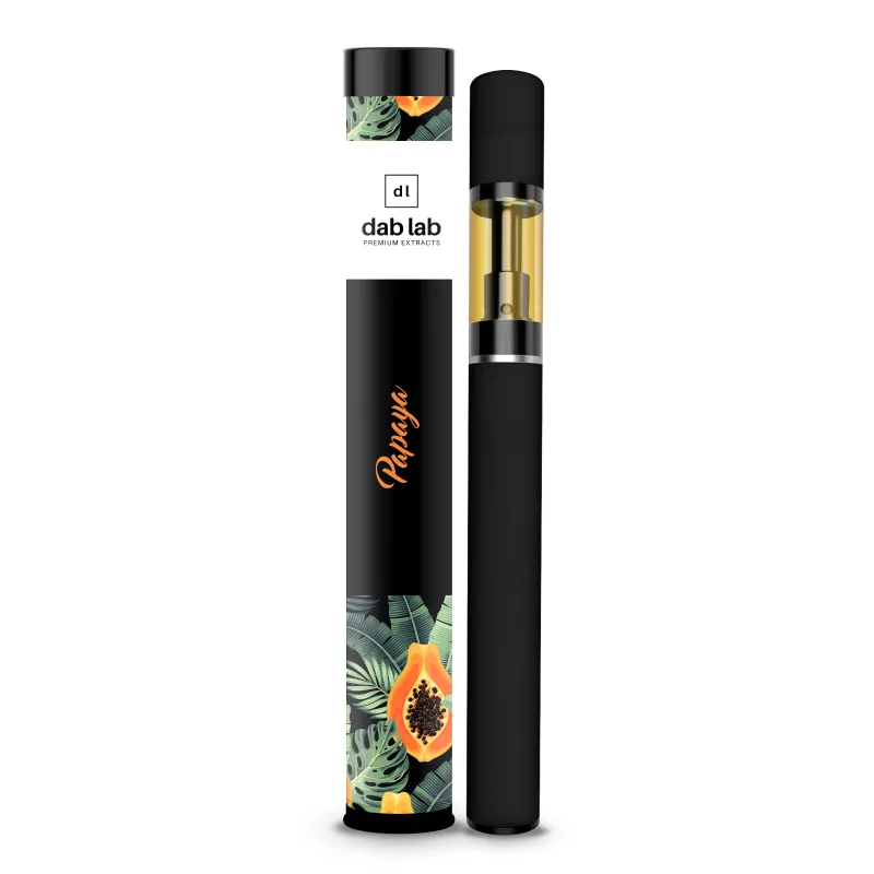 Dab Labs premium papaya-flavored THC vape pen with visible golden extract.