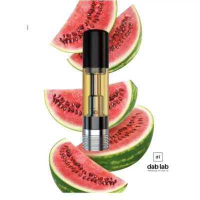 Dab Lab premium watermelon-flavored THC vape cartridge surrounded by fresh slices.