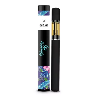 Dab Lab Blueberry OG Vape Pen with Transparent Cartridge and Gold Accents.