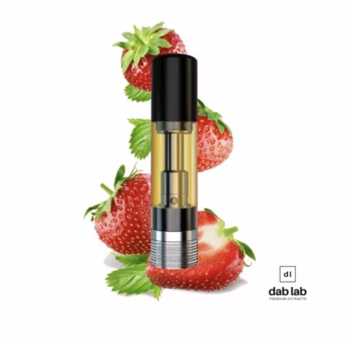 Dab Lab strawberry-flavored THC vape cartridge with ripe strawberries.