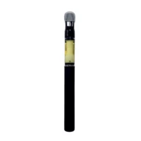 Black 1g vape pen with clear cartridge and yellow e-liquid, metal accents visible.