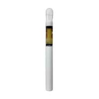 White rechargeable THC vape pen with amber liquid cartridge.