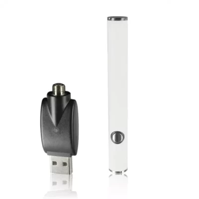 White vape pen battery with 510-thread USB charger on clean background.