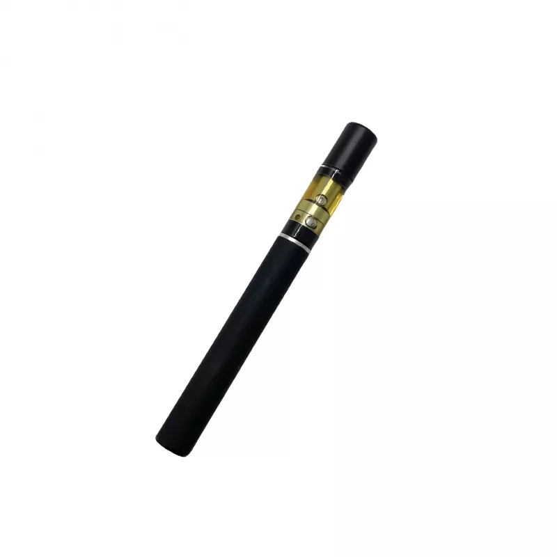 Black pen-style e-cigarette with transparent tank and golden e-liquid for discreet vaping.