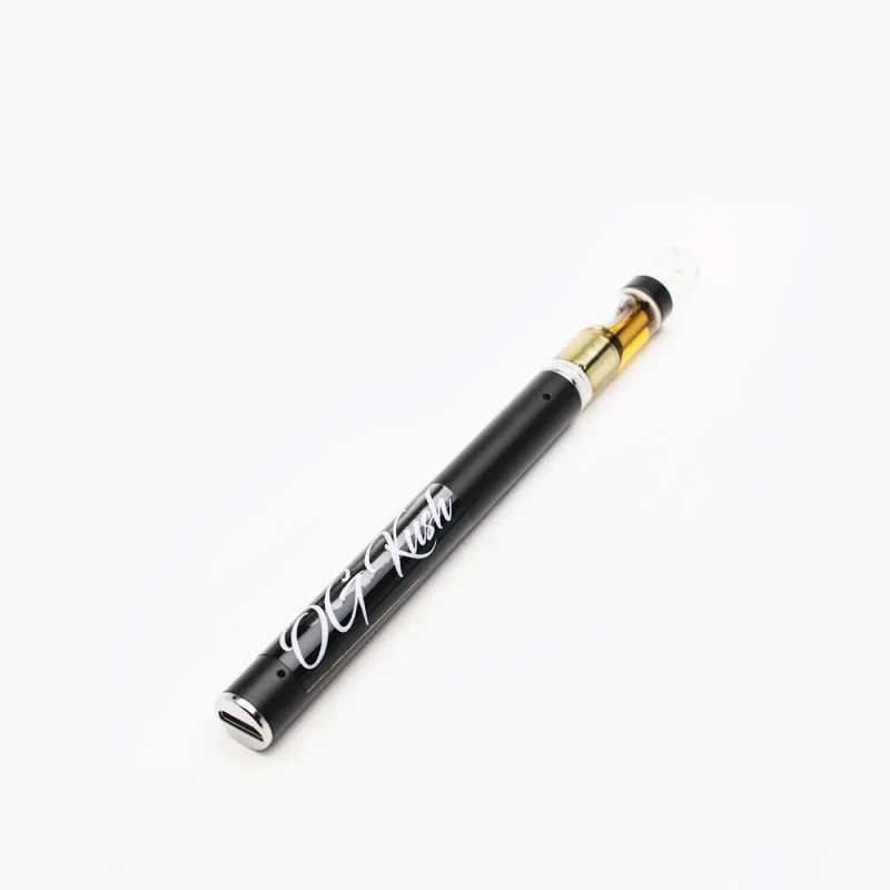Evolve black and gold vape pen with yellow liquid on white background.