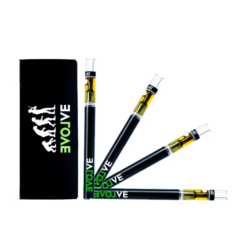 EVOLVE branded vape pens with golden oil cartridges and stylish packaging.