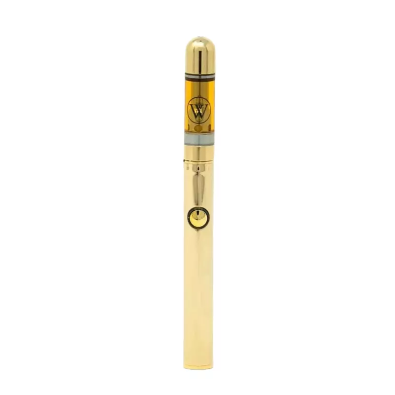Luxurious gold THC vape pen with transparent oil cartridge for stylish, discreet use.