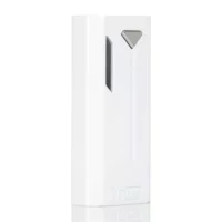 Modern white soap dispenser with visible level window and interactive triangle button.
