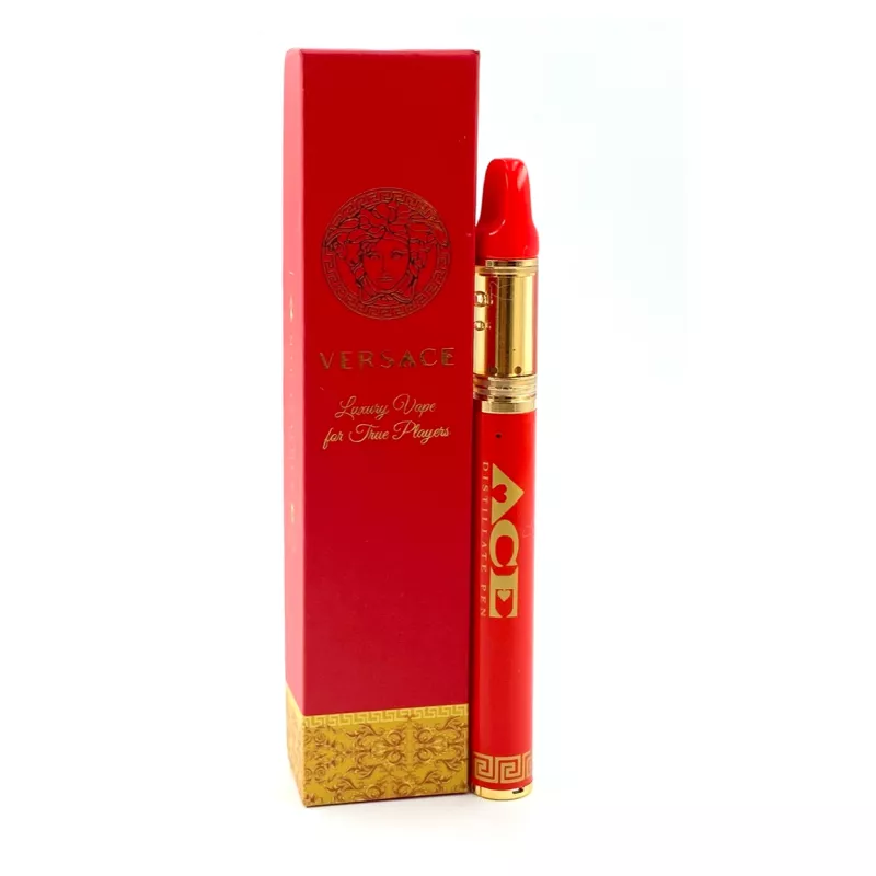 Red and gold Versace-style luxury vape pen with elegant packaging for high-end users.