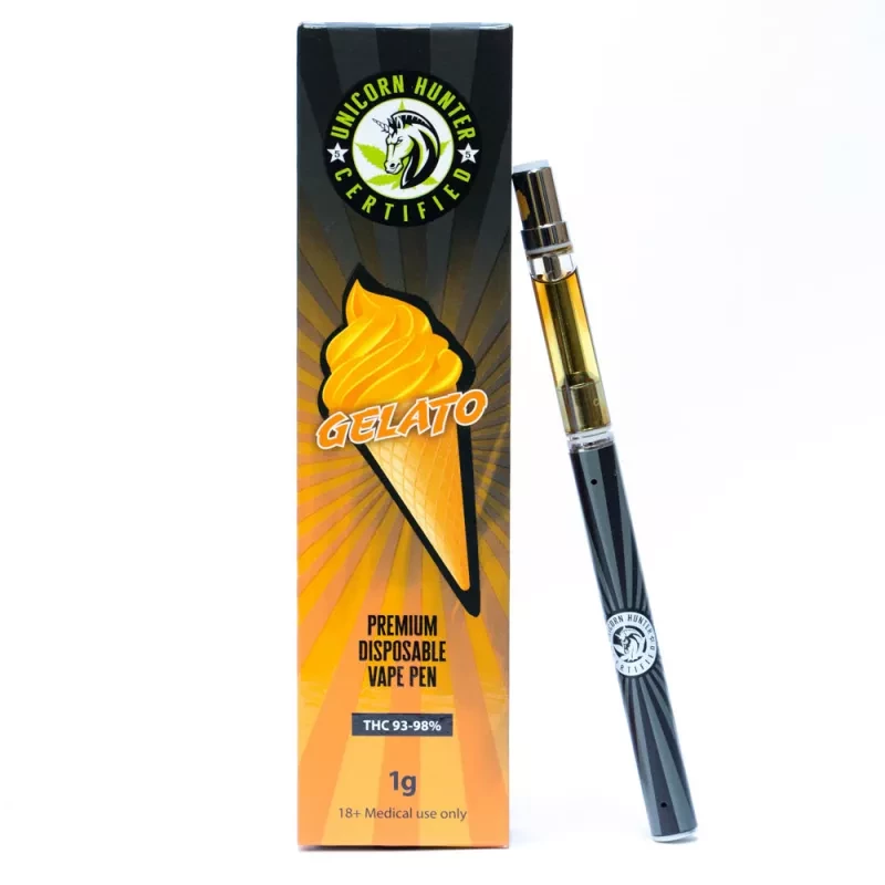 Unicorn Hunter Gelato Vape Pen - 1g Premium Disposable with 93-98% THC Content.