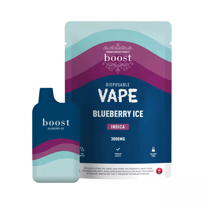 Disposable vape packaging in blue with Boost Blueberry Ice flavor, cannabis-enriched, 3000MG potency.