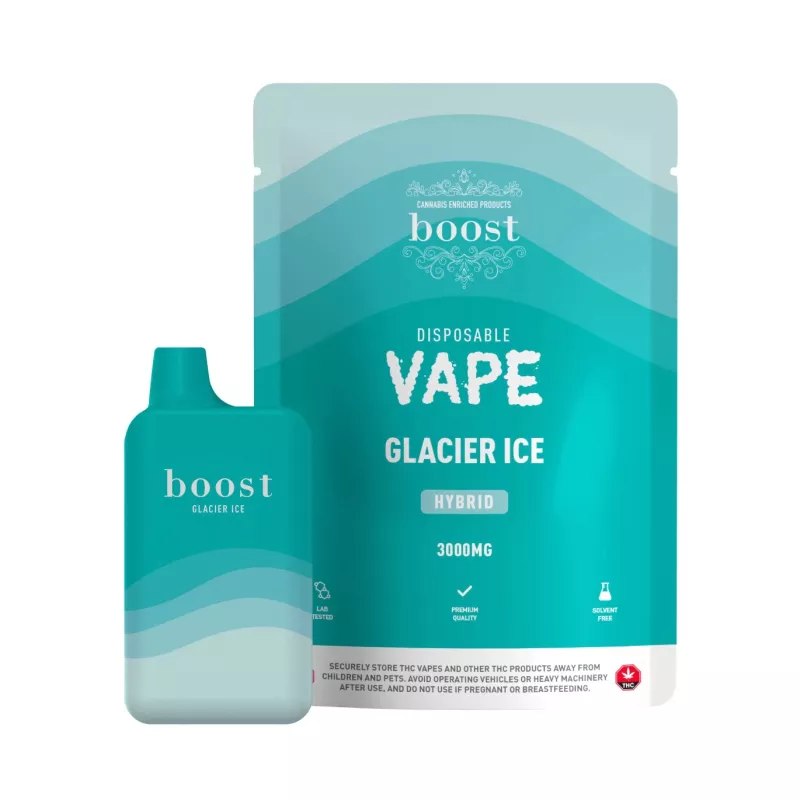 Boost Glacier Ice disposable vape packaging with turquoise color, hybrid 3000MG, THC, and safety info.