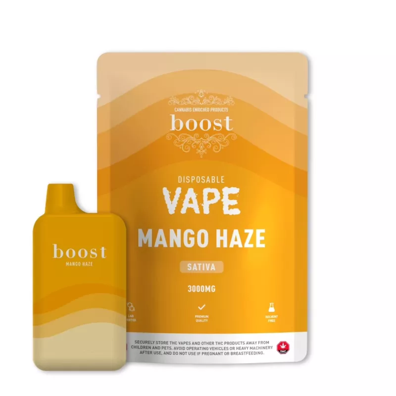 Disposable Mango Haze Sativa vape pen with 3000mg, premium quality, solvent-free, bright orange packaging.