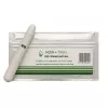 White cbd extract pen next to a silver packaging with green text.