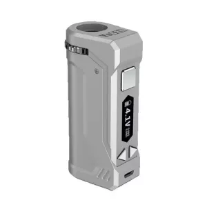 Modern compact vape mod with display screen, buttons, cylindrical opening, and charging port.