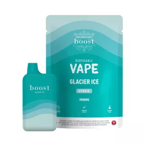 Boost Glacier Ice disposable vape packaging with turquoise color, hybrid 3000MG, THC, and safety info.