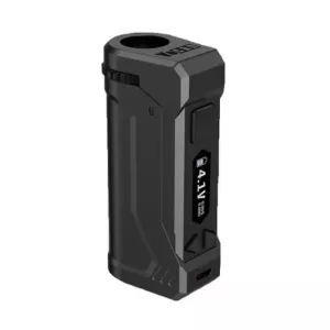Sleek portable electronic device with ergonomic design, digital display, tactile button, and charging port.